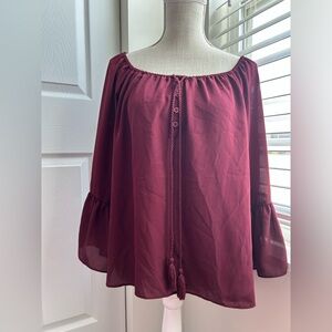 My Michelle Burgundy Elastic Square Neck Ruffled Bell Sleeve Lightweight Blouse